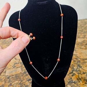 Simple sterling silver and orange bead necklace with earrings